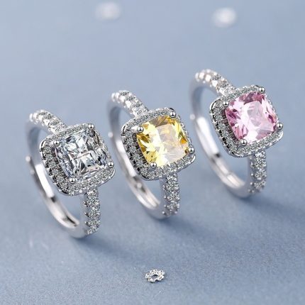 Diamond Cut S925 White, Yellow & Pink Square Halo Cushion Ring ( Combo)