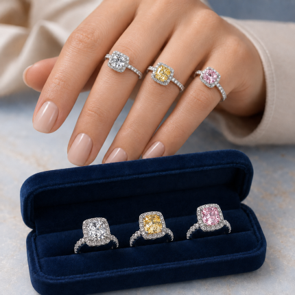 Diamond Cut S925 White, Yellow & Pink Square Halo Cushion Ring ( Combo)