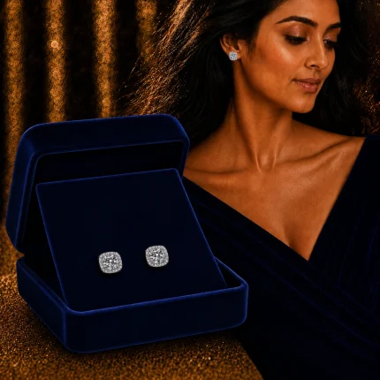 Diamond Cut Square Halo Cushion Solitaire Moissanite Earrings