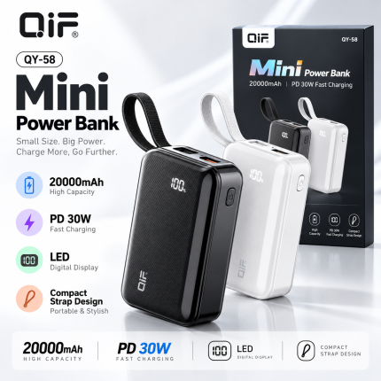 QIF QY-58 Mini Power Bank – 20000mAh | 30W PD Fast Charging with LED Digital Display